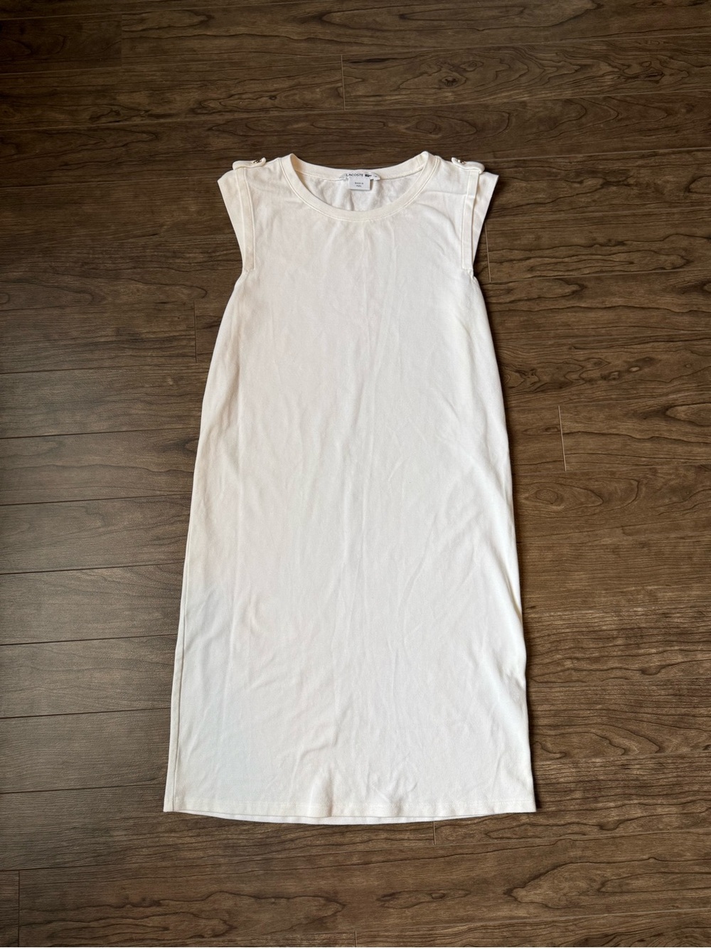 Lacoste Women’s White Sleeveless Cotton Dress with Shoulder Buttons – Size 36